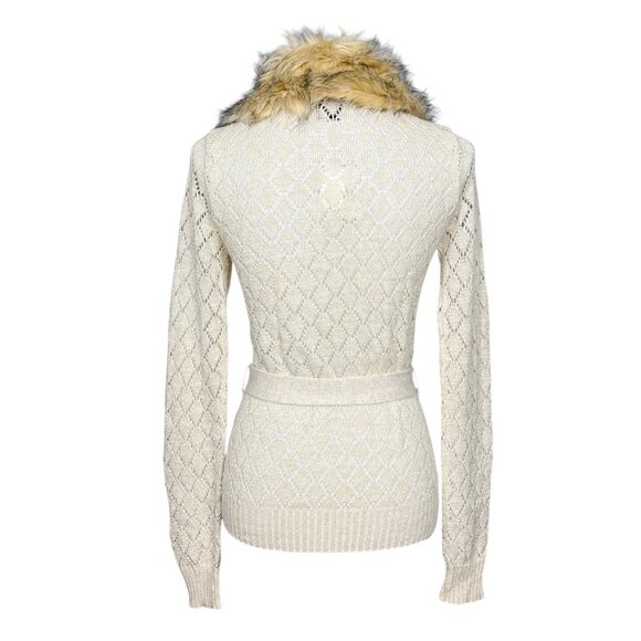 Vintage Y2K Fur Trim Cardigan Sweater Pointelle Knit Penny Lane Cream - Picture 6 of 13